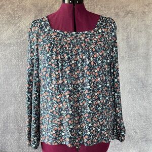 Lucky Brand NAVY Floral Square-Neck Blouse with Coral & PINK Flowers
